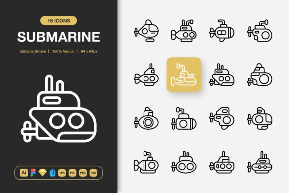 Submarine Outline Icons: Clear, Minimalist Design for Modern Projects